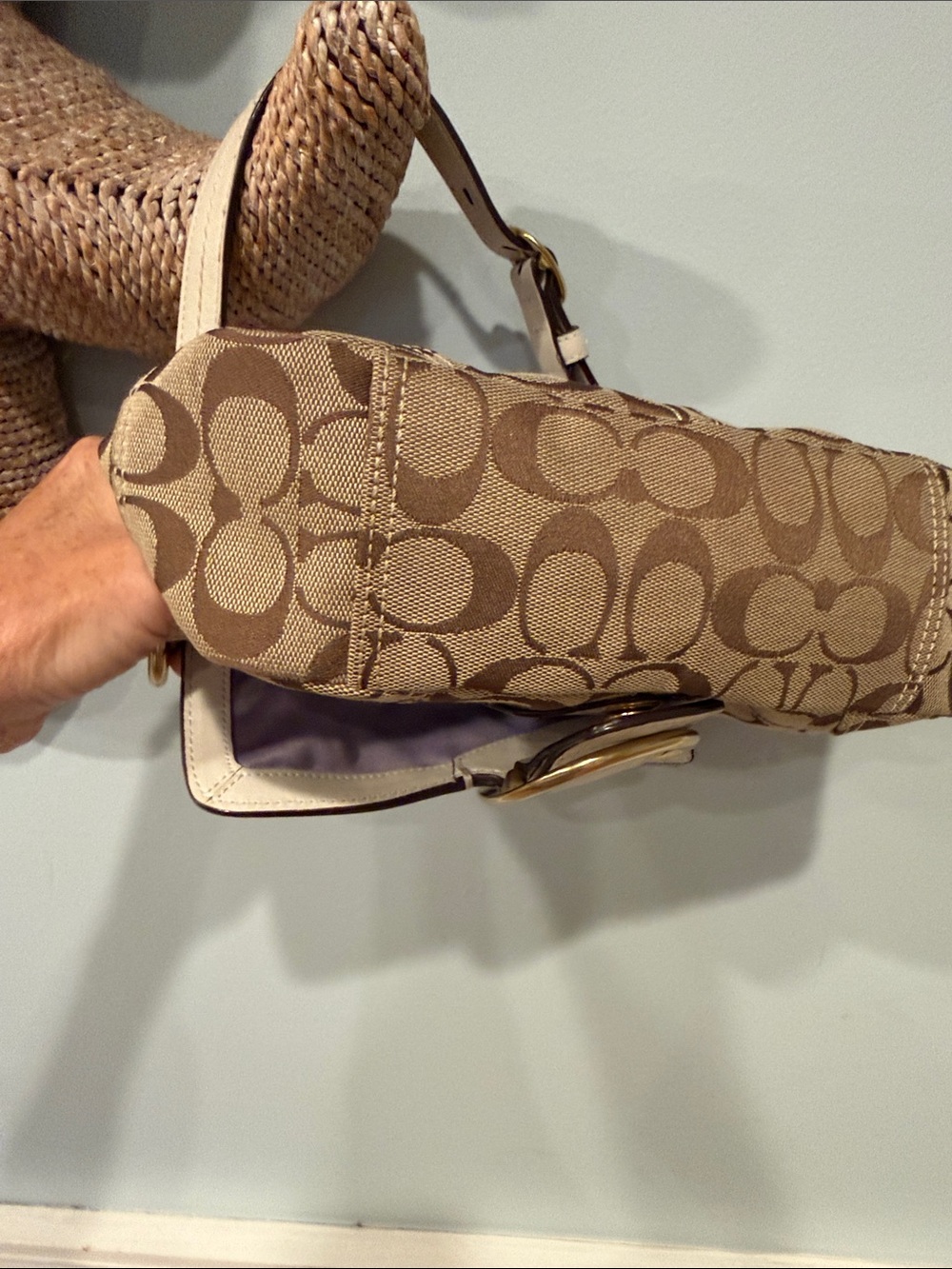 Coach Bleecker Signature Small Shoulder Bag in Khaki/Chalk - Picture 8 of 12